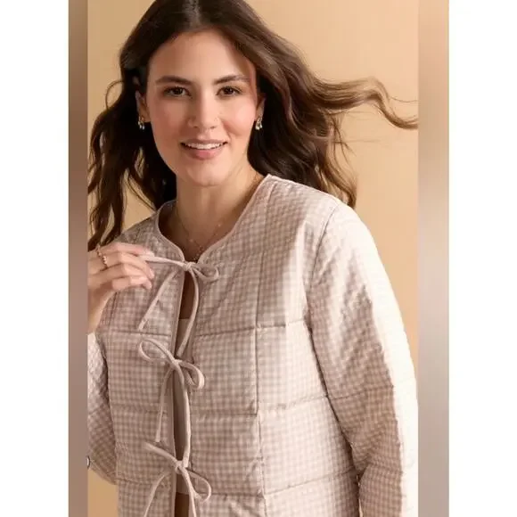 Stoosh Gingham Quilted Tie-Front Jacket Sz M Beige Cream Cottagecore NWT - Picture 2 of 6